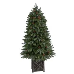 5 Ft. LED Fir Flocked Dusted Artificial Christmas Tree With 300-Lights, 514 Bendable Branches And Pinecones In Planter -Christmas Gift Shop nearly natural pre lit christmas trees t3283 4f 1000