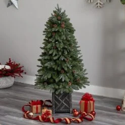 5 Ft. LED Fir Flocked Dusted Artificial Christmas Tree With 300-Lights, 514 Bendable Branches And Pinecones In Planter -Christmas Gift Shop nearly natural pre lit christmas trees t3283 76 1000