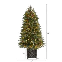 5 Ft. LED Fir Flocked Dusted Artificial Christmas Tree With 300-Lights, 514 Bendable Branches And Pinecones In Planter -Christmas Gift Shop nearly natural pre lit christmas trees t3283 c3 1000