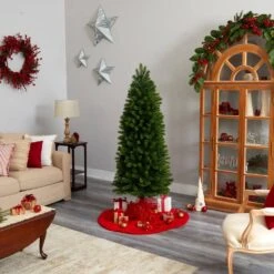 6 Ft. Pre-Lit LED Slim Virginia Spruce Artificial Christmas Tree With 300 Warm White Multi-Function Lights -Christmas Gift Shop nearly natural pre lit christmas trees t3297 31 1000