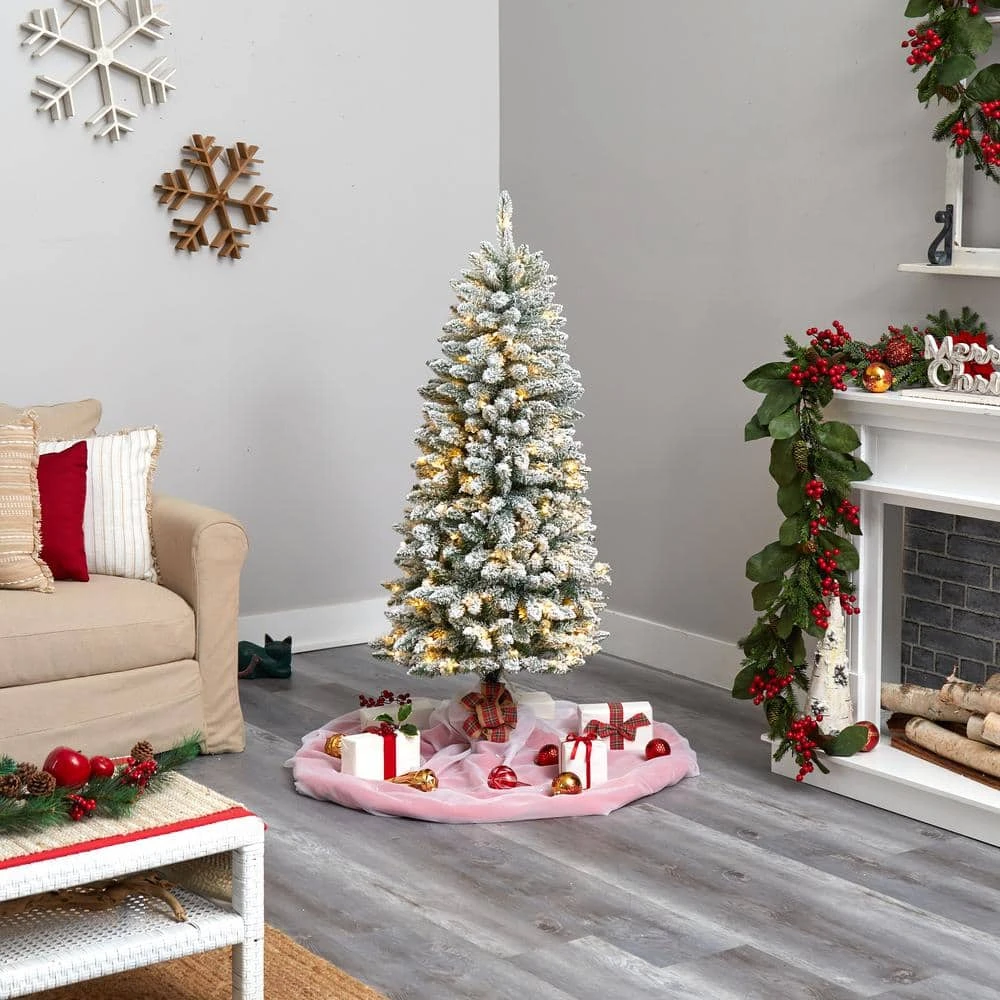 5 Ft. Pre-Lit LED Slim Flocked Montreal Fir Artificial Christmas Tree With 150 Warm White Lights 4 5 Ft. Pre-Lit LED Slim Flocked Montreal Fir Artificial Christmas Tree With 150 Warm White Lights - Image 2