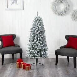 5 Ft. Pre-Lit LED Slim Flocked Montreal Fir Artificial Christmas Tree With 150 Warm White Lights 14 5 Ft. Pre-Lit LED Slim Flocked Montreal Fir Artificial Christmas Tree With 150 Warm White Lights -Christmas Gift Shop nearly natural pre lit christmas trees t3309 66 1000