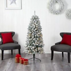 5 Ft. Pre-Lit LED Slim Flocked Montreal Fir Artificial Christmas Tree With 150 Warm White Lights 20 5 Ft. Pre-Lit LED Slim Flocked Montreal Fir Artificial Christmas Tree With 150 Warm White Lights -Christmas Gift Shop nearly natural pre lit christmas trees t3309 76 1000