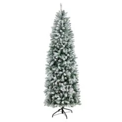 7 Ft. Pre-Lit LED Slim Flocked Montreal Fir Artificial Christmas Tree With 300 Warm White Lights -Christmas Gift Shop nearly natural pre lit christmas trees t3311 4f 1000