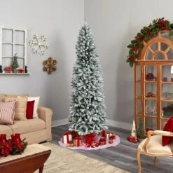 8 Ft. Pre-Lit LED Slim Flocked Montreal Fir Artificial Christmas Tree With 400 Warm White Lights 17 8 Ft. Pre-Lit LED Slim Flocked Montreal Fir Artificial Christmas Tree With 400 Warm White Lights -Christmas Gift Shop nearly natural pre lit christmas trees t3312 31 1000