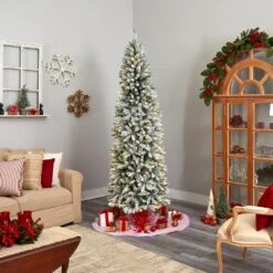 8 Ft. Pre-Lit LED Slim Flocked Montreal Fir Artificial Christmas Tree With 400 Warm White Lights 16 8 Ft. Pre-Lit LED Slim Flocked Montreal Fir Artificial Christmas Tree With 400 Warm White Lights -Christmas Gift Shop nearly natural pre lit christmas trees t3312 76 1000