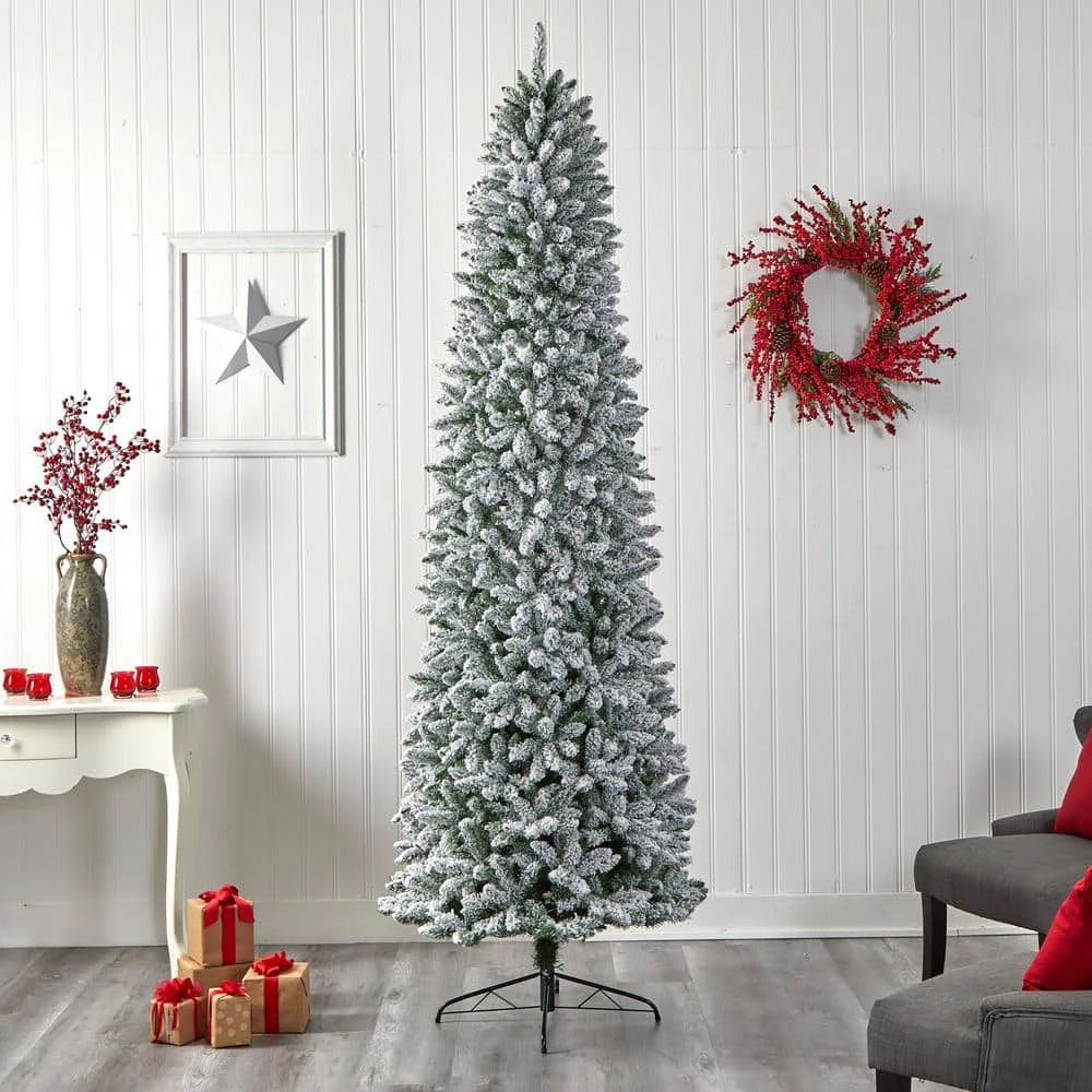 9 Ft. Pre-Lit LED Slim Flocked Montreal Fir Artificial Christmas Tree With 600 Warm White Lights 6 9 Ft. Pre-Lit LED Slim Flocked Montreal Fir Artificial Christmas Tree With 600 Warm White Lights - Image 4
