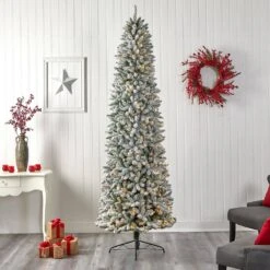 9 Ft. Pre-Lit LED Slim Flocked Montreal Fir Artificial Christmas Tree With 600 Warm White Lights 22 9 Ft. Pre-Lit LED Slim Flocked Montreal Fir Artificial Christmas Tree With 600 Warm White Lights -Christmas Gift Shop nearly natural pre lit christmas trees t3313 76 1000