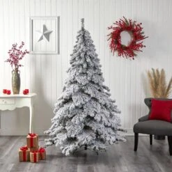 7 Ft. Pre-Lit Flocked Austria Fir Artificial Christmas Tree With 400 Warm White LED Lights And 1063 Bendable Branches -Christmas Gift Shop nearly natural pre lit christmas trees t3315 66 1000
