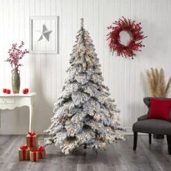 7 Ft. Pre-Lit Flocked Austria Fir Artificial Christmas Tree With 400 Warm White LED Lights And 1063 Bendable Branches -Christmas Gift Shop nearly natural pre lit christmas trees t3315 76 1000
