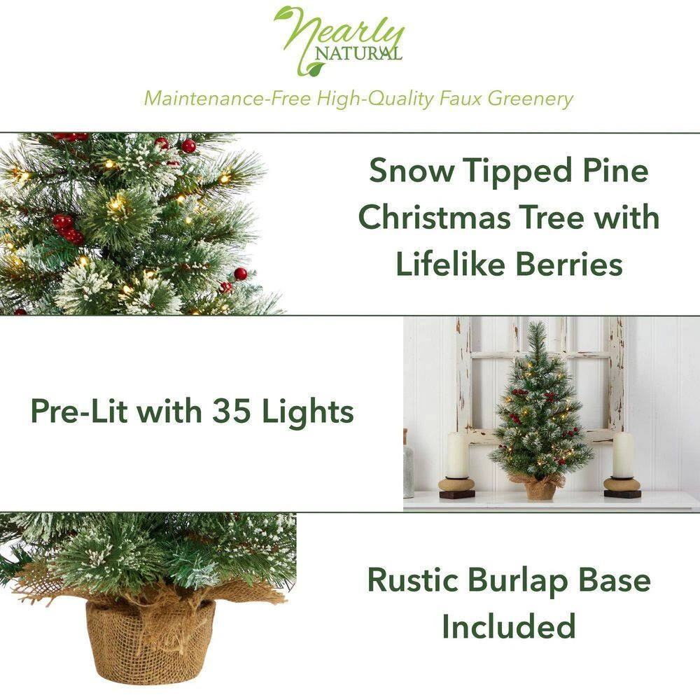 2 Ft. Snow Tipped Pine And Berry Artificial Christmas Tree With 35 Warm White LED Lights In Burlap Base 4 2 Ft. Snow Tipped Pine And Berry Artificial Christmas Tree With 35 Warm White LED Lights In Burlap Base - Image 2