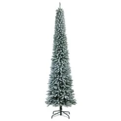 10 Ft. Pre-Lit LED Flocked Pencil Artificial Christmas Tree With 700 Clear Lights And 1145 Bendable Branches -Christmas Gift Shop nearly natural pre lit christmas trees t3331 4f 1000