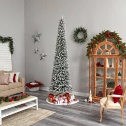 10 Ft. Pre-Lit LED Flocked Pencil Artificial Christmas Tree With 700 Clear Lights And 1145 Bendable Branches -Christmas Gift Shop nearly natural pre lit christmas trees t3331 77 1000