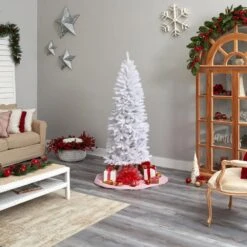 6 Ft. White Pre-Lit LED Slim Artificial Christmas Tree With 250 Warm White Lights -Christmas Gift Shop nearly natural pre lit christmas trees t3360 31 1000