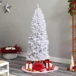 6 Ft. White Pre-Lit LED Slim Artificial Christmas Tree With 250 Warm White Lights -Christmas Gift Shop nearly natural pre lit christmas trees t3360 66 1000