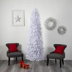 8 Ft. White Pre-Lit LED Slim Artificial Christmas Tree With 400 Warm White Lights -Christmas Gift Shop nearly natural pre lit christmas trees t3362 66 1000