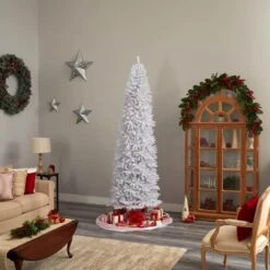 9 Ft. White Pre-Lit LED Slim Artificial Christmas Tree With 600 Warm White Lights -Christmas Gift Shop nearly natural pre lit christmas trees t3363 31 1000