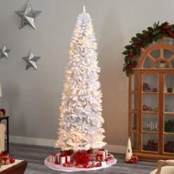 9 Ft. White Pre-Lit LED Slim Artificial Christmas Tree With 600 Warm White Lights -Christmas Gift Shop nearly natural pre lit christmas trees t3363 76 1000