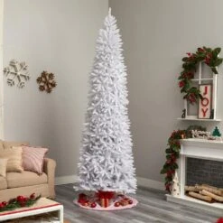 10 Ft. White Pre-Lit LED Slim Artificial Christmas Tree With 800 Warm White Lights -Christmas Gift Shop nearly natural pre lit christmas trees t3364 31 1000