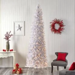 10 Ft. White Pre-Lit LED Slim Artificial Christmas Tree With 800 Warm White Lights -Christmas Gift Shop nearly natural pre lit christmas trees t3364 76 1000