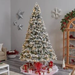 9 Ft. Flocked Vermont Mixed Pine Artificial Christmas Tree With 650 LED Lights And 1960 Bendable Branches -Christmas Gift Shop nearly natural pre lit christmas trees t3386 31 1000