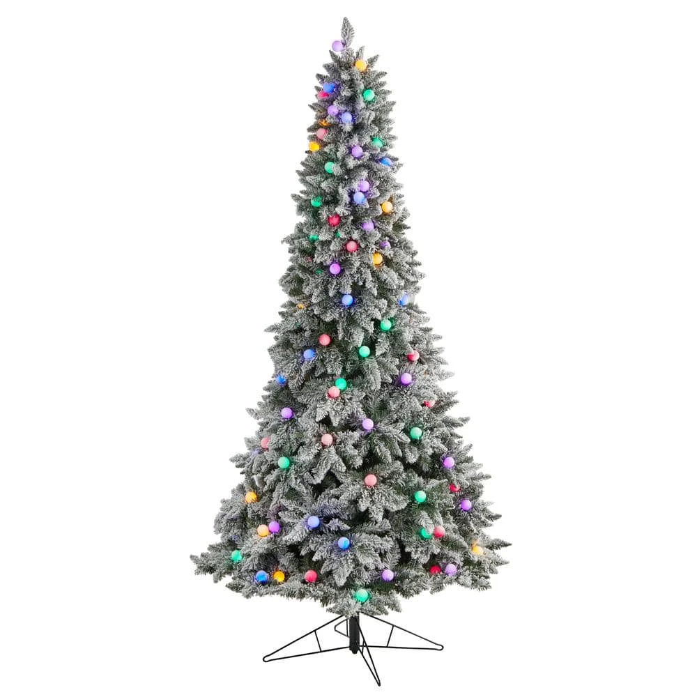 8.5 Ft. Flocked British Columbia Mountain Fir Artificial Christmas Tree W/Multi-Color Globe Bulbs And Bendable Branches 3 8.5 Ft. Flocked British Columbia Mountain Fir Artificial Christmas Tree W/Multi-Color Globe Bulbs And Bendable Branches