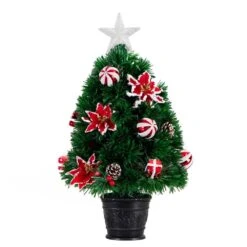 24 In. Pre-Lit Fiber Optic Artificial Christmas Tree With Ornaments, Poinsettia And Star Topper