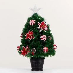 24 In. Pre-Lit Fiber Optic Artificial Christmas Tree With Ornaments, Poinsettia And Star Topper -Christmas Gift Shop nearly natural pre lit christmas trees t4752 66 1000