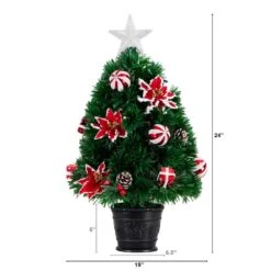 24 In. Pre-Lit Fiber Optic Artificial Christmas Tree With Ornaments, Poinsettia And Star Topper -Christmas Gift Shop nearly natural pre lit christmas trees t4752 c3 1000
