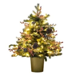3 Ft. Pre-Lit Snow Covered Decorative Artificial Christmas Tree In Golden Planter With 80 Color Changing LED Lights -Christmas Gift Shop nearly natural pre lit christmas trees t4788 1f 1000