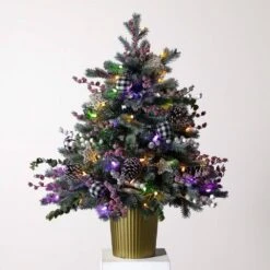 3 Ft. Pre-Lit Snow Covered Decorative Artificial Christmas Tree In Golden Planter With 80 Color Changing LED Lights -Christmas Gift Shop nearly natural pre lit christmas trees t4788 4f 1000