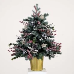 3 Ft. Pre-Lit Snow Covered Decorative Artificial Christmas Tree In Golden Planter With 80 Color Changing LED Lights -Christmas Gift Shop nearly natural pre lit christmas trees t4788 d4 1000