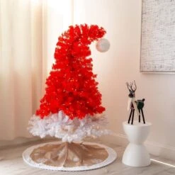 5 Ft. Pre-Lit Holiday Red Santa's Hat Artificial Christmas Tree With 300 LED Lights And 720 Tips -Christmas Gift Shop nearly natural pre lit christmas trees t4794 4f 1000