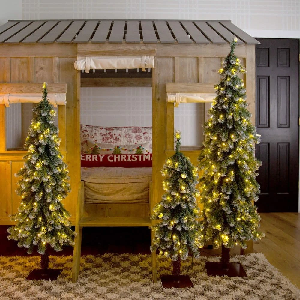 3 Ft. 4 Ft. 5 Ft. Pre-Lit Frosted Artificial Christmas Tree Set With Warm LED Lights - (Set Of 3) 7 3 Ft. 4 Ft. 5 Ft. Pre-Lit Frosted Artificial Christmas Tree Set With Warm LED Lights - (Set Of 3) - Image 5