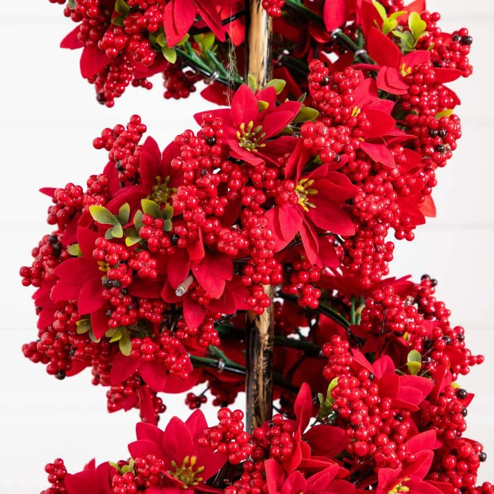 3 Ft. Pre-Lit Artificial Christmas Poinsettias And Berries Spiral Topiary Tree With 30-Warm White LED Lights 6 3 Ft. Pre-Lit Artificial Christmas Poinsettias And Berries Spiral Topiary Tree With 30-Warm White LED Lights - Image 4