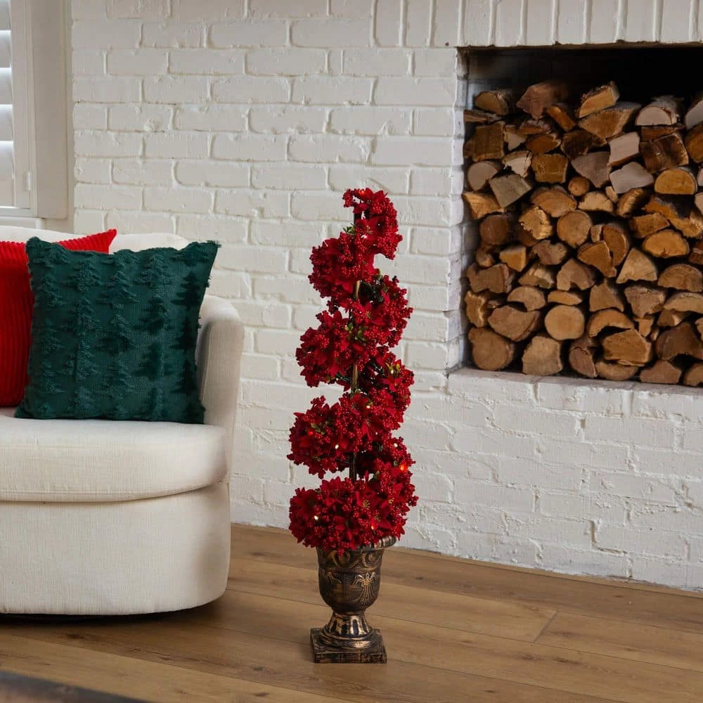 3 Ft. Pre-Lit Artificial Christmas Poinsettias And Berries Spiral Topiary Tree With 30-Warm White LED Lights 10 3 Ft. Pre-Lit Artificial Christmas Poinsettias And Berries Spiral Topiary Tree With 30-Warm White LED Lights - Image 8