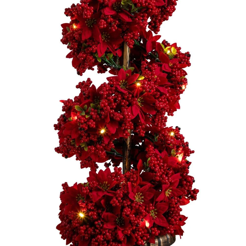 3 Ft. Pre-Lit Artificial Christmas Poinsettias And Berries Spiral Topiary Tree With 30-Warm White LED Lights 5 3 Ft. Pre-Lit Artificial Christmas Poinsettias And Berries Spiral Topiary Tree With 30-Warm White LED Lights - Image 3