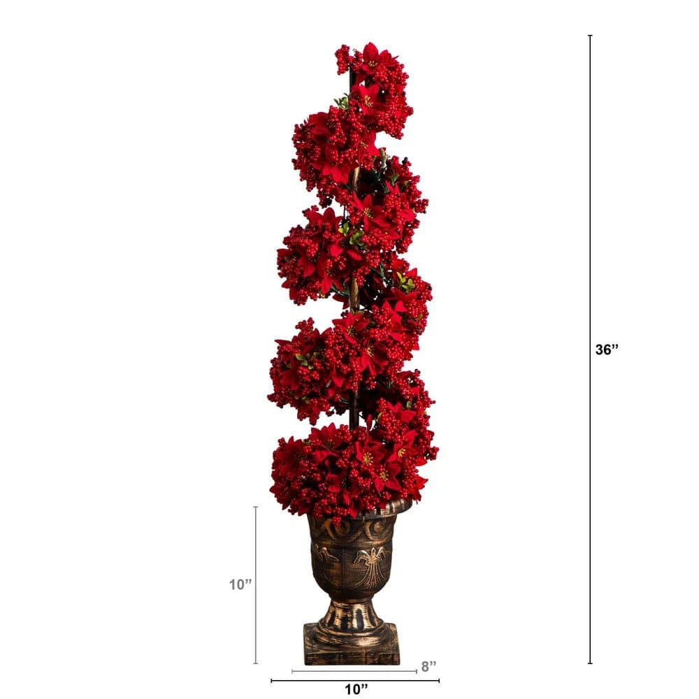 3 Ft. Pre-Lit Artificial Christmas Poinsettias And Berries Spiral Topiary Tree With 30-Warm White LED Lights 4 3 Ft. Pre-Lit Artificial Christmas Poinsettias And Berries Spiral Topiary Tree With 30-Warm White LED Lights - Image 2