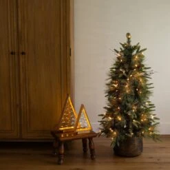 4 Ft. Pre-Lit Faux Mixed Pine Snowed Christmas Tree With Pinecones In Decorative Planter With 60-Warm White LED Lights -Christmas Gift Shop nearly natural pre lit christmas trees t5386 31 1000