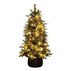 4 Ft. Pre-Lit Faux Mixed Pine Snowed Christmas Tree With Pinecones In Decorative Planter With 60-Warm White LED Lights -Christmas Gift Shop nearly natural pre lit christmas trees t5386 4f 1000
