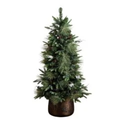 4 Ft. Pre-Lit Faux Mixed Pine Snowed Christmas Tree With Pinecones In Decorative Planter With 60-Warm White LED Lights