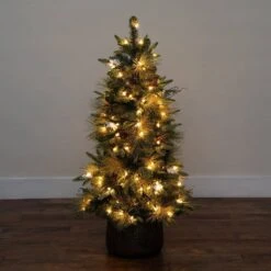 4 Ft. Pre-Lit Faux Mixed Pine Snowed Christmas Tree With Pinecones In Decorative Planter With 60-Warm White LED Lights -Christmas Gift Shop nearly natural pre lit christmas trees t5386 77 1000