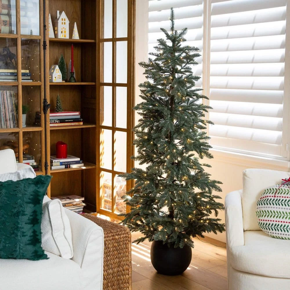 6 Ft. Pre-Lit Artificial Pine Christmas Tree In Round Black Decorative Planter With 60-Warm White LED Lights 11 6 Ft. Pre-Lit Artificial Pine Christmas Tree In Round Black Decorative Planter With 60-Warm White LED Lights - Image 9