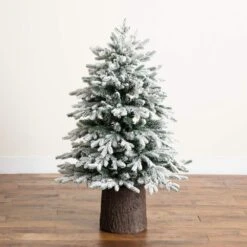 4 Ft. Pre-Lit Artificial Flocked Christmas Tree With 100-Warm White LED Lights In Decorative Trunk Planter -Christmas Gift Shop nearly natural pre lit christmas trees t5405 1d 1000