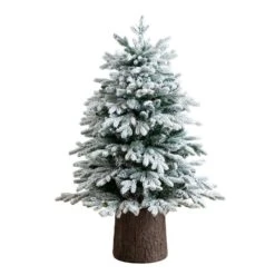 4 Ft. Pre-Lit Artificial Flocked Christmas Tree With 100-Warm White LED Lights In Decorative Trunk Planter -Christmas Gift Shop nearly natural pre lit christmas trees t5405 4f 1000