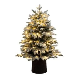 4 Ft. Pre-Lit Artificial Flocked Christmas Tree With 100-Warm White LED Lights In Decorative Trunk Planter
