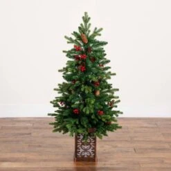 4 Ft. Pre-Lit Artificial Christmas Tree With Pinecones, Berries And 100-Multicolored LED Lights In Decorative Planter -Christmas Gift Shop nearly natural pre lit christmas trees t5406 40 1000