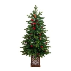 4 Ft. Pre-Lit Artificial Christmas Tree With Pinecones, Berries And 100-Multicolored LED Lights In Decorative Planter -Christmas Gift Shop nearly natural pre lit christmas trees t5406 4f 1000