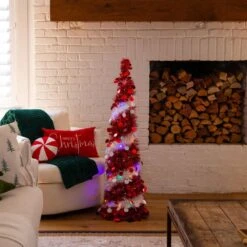 4 Ft. Pre-Lit Pop Up Red And White Tinsel Christmas Tree With 50-Multicolored LED Lights -Christmas Gift Shop nearly natural pre lit christmas trees t5408 31 1000