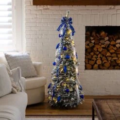 5 Ft. Pre-Lit Artificial Pop Up Flocked Christmas Tree With Silver & Blue Ornaments, Ribbons & 100-Warm White LED Lights -Christmas Gift Shop nearly natural pre lit christmas trees t5413 31 1000